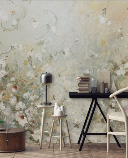 mural de papel pintado floral beige neutro