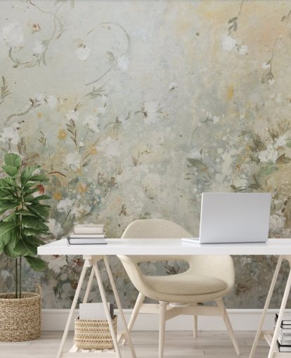 mural de papel pintado floral beige neutro