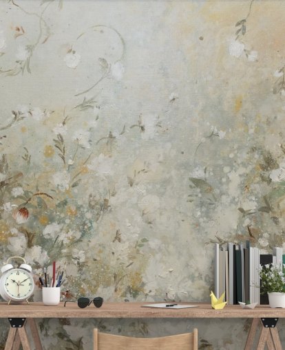 neutrale beige bloemenbehangmuurschildering
