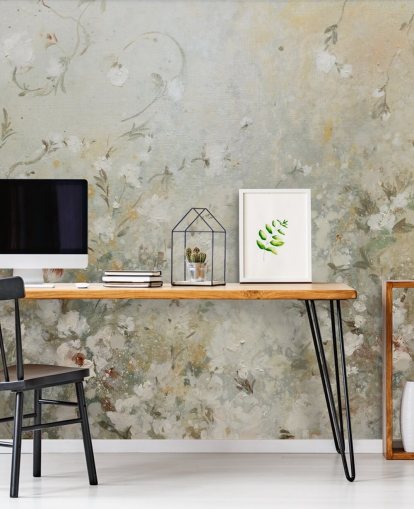mural de papel pintado floral beige neutro