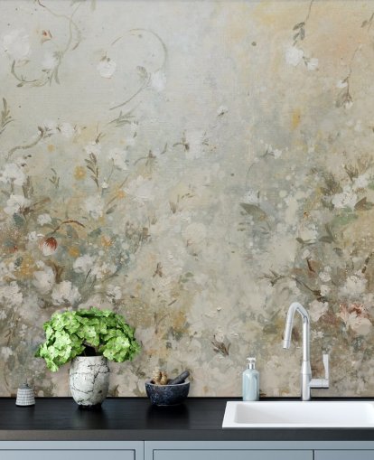 neutral beige floral wallpaper mural