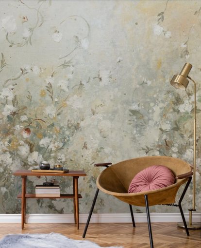 neutral beige blomstertapet vægmaleri