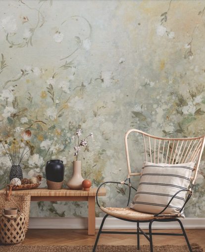 mural de papel pintado floral beige neutro