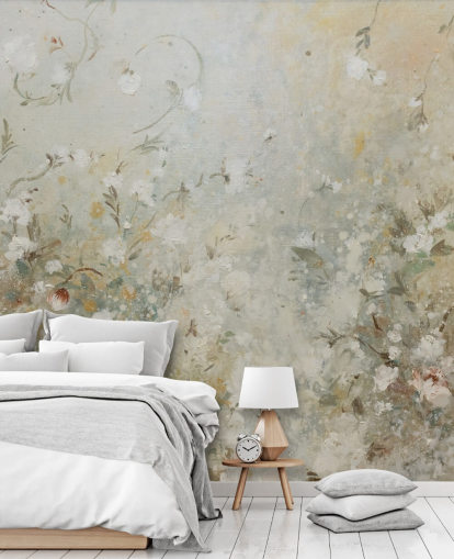 nøytral beige blomstertapet veggmaleri