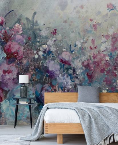 mural de papel de parede floral azul e roxo