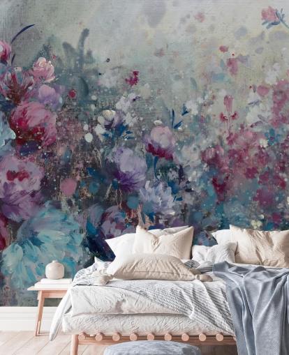 blauwe en paarse bloemenbehangmuurschildering