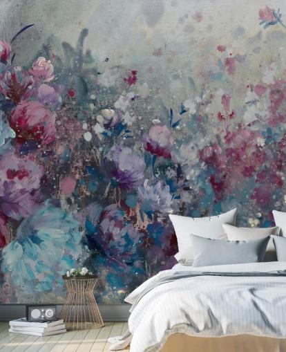 blaues und lila Blumentapetenwandbild