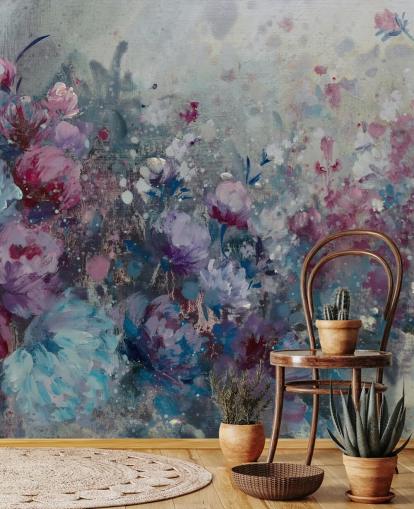 blauwe en paarse bloemenbehangmuurschildering