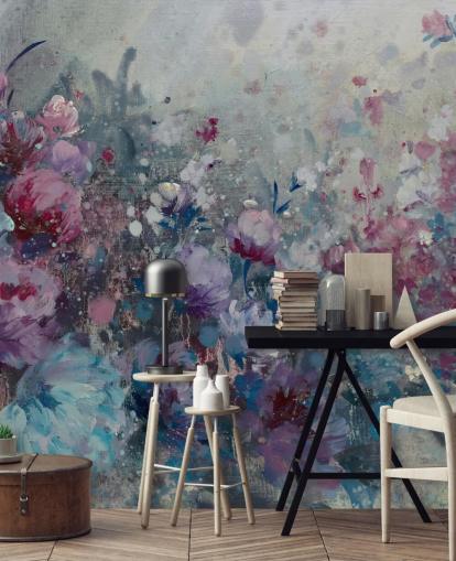 mural de papel pintado floral azul y morado