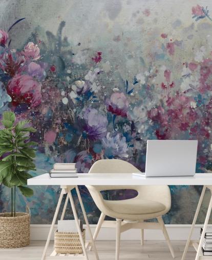 blauwe en paarse bloemenbehangmuurschildering