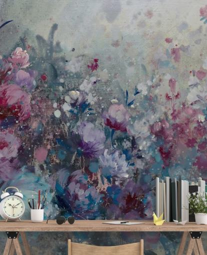 mural de papel de parede floral azul e roxo