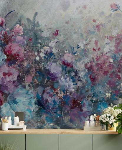 blauwe en paarse bloemenbehangmuurschildering