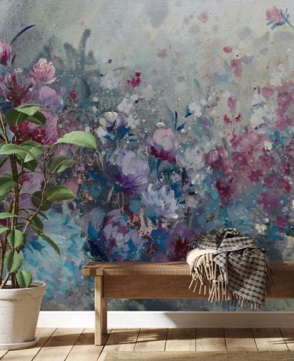 blauwe en paarse bloemenbehangmuurschildering