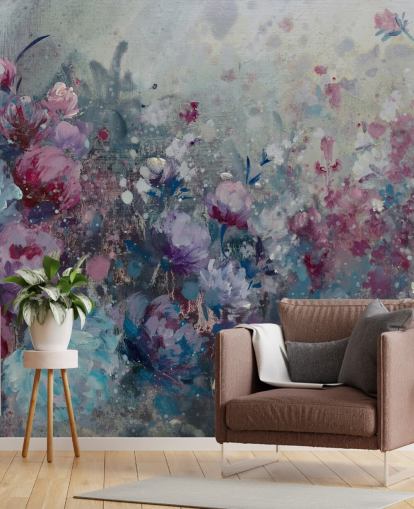 blaues und lila Blumentapetenwandbild