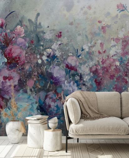 mural de papel de parede floral azul e roxo