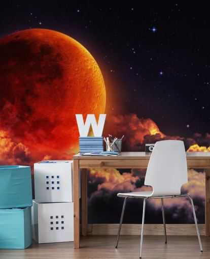 Gloeiende oranje maanmuurschildering