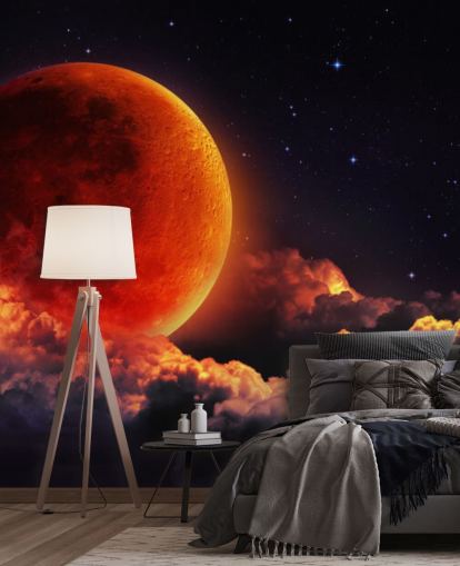 Gloeiende oranje maanmuurschildering