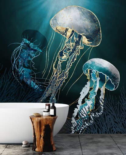 Tapeten-Wandbild mit blauen Quallen