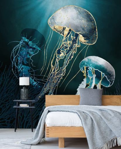 mural de pared con medusas azules