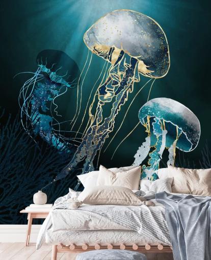 mural de parede de papel de parede de medusa azul