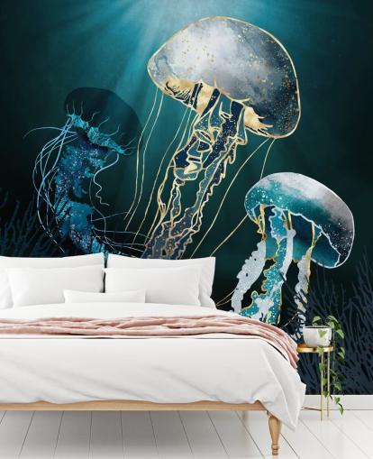 mural de parede de papel de parede de medusa azul