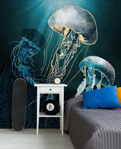 carta da parati murale con meduse blu