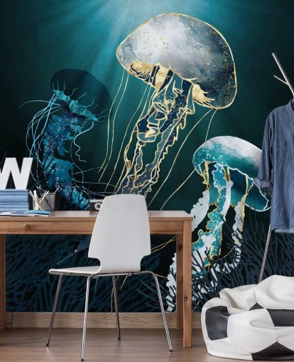 carta da parati murale con meduse blu