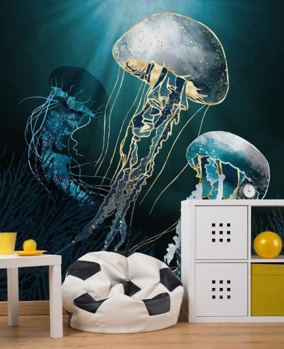 Tapeten-Wandbild mit blauen Quallen