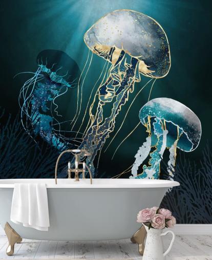 mural de pared con medusas azules