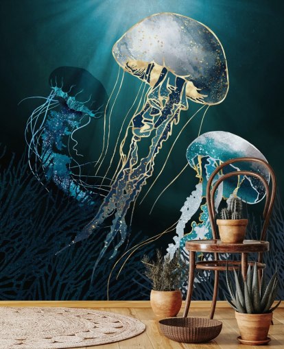 Tapeten-Wandbild mit blauen Quallen Tapeten-Wandbild mit blauen Quallen