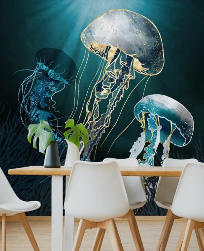 mural de pared con medusas azules