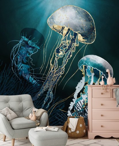 Tapeten-Wandbild mit blauen Quallen