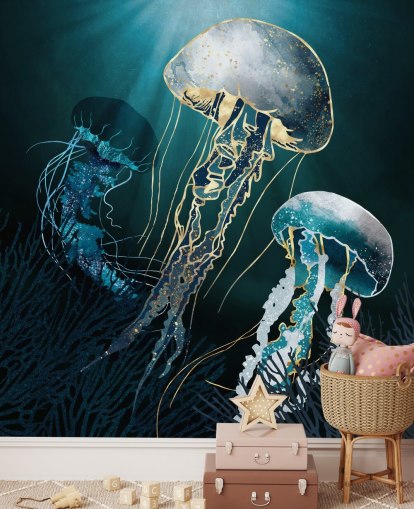 carta da parati murale con meduse blu