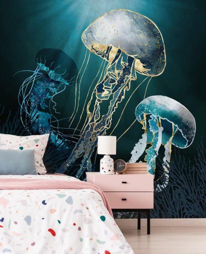 carta da parati murale con meduse blu