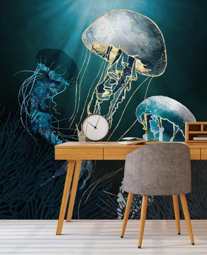 Tapeten-Wandbild mit blauen Quallen