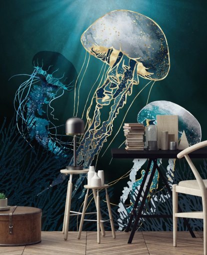 carta da parati murale con meduse blu