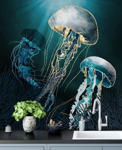 carta da parati murale con meduse blu