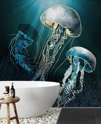 Tapeten-Wandbild mit blauen Quallen Tapeten-Wandbild mit blauen Quallen
