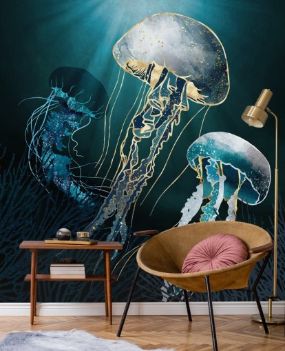 Tapeten-Wandbild mit blauen Quallen