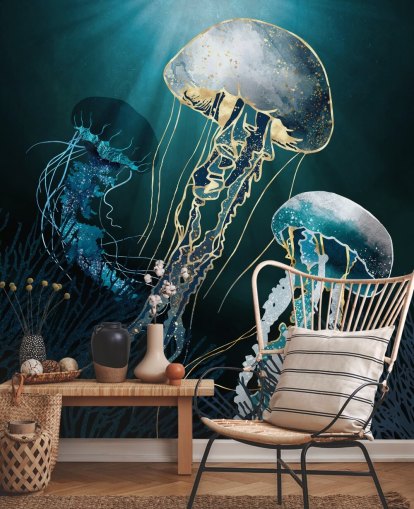 mural de pared con medusas azules