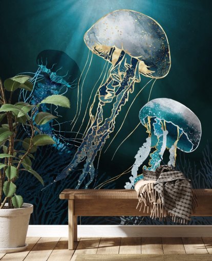 Tapeten-Wandbild mit blauen Quallen Tapeten-Wandbild mit blauen Quallen