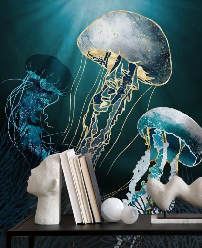 carta da parati murale con meduse blu