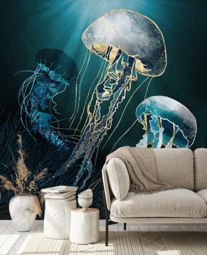 Tapeten-Wandbild mit blauen Quallen