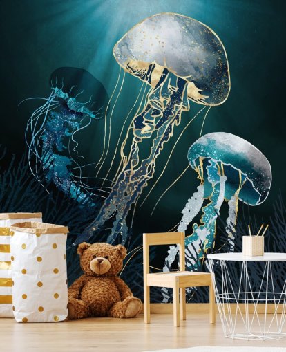 Tapeten-Wandbild mit blauen Quallen