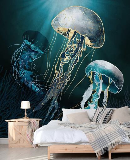 Tapeten-Wandbild mit blauen Quallen