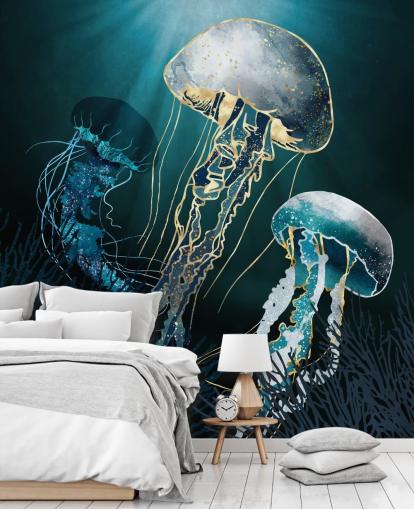Tapeten-Wandbild mit blauen Quallen