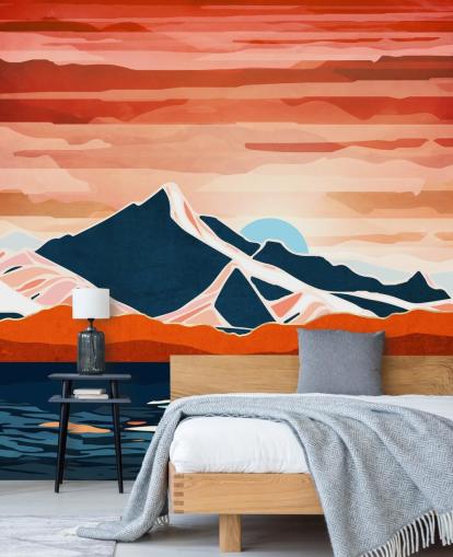 retro wallpaper mural with red sunset and mountains retro wallpaper mural with red sunset and mountains
