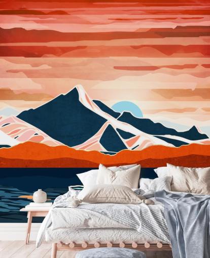 mural de papel pintado retro con puesta de sol roja y montañas