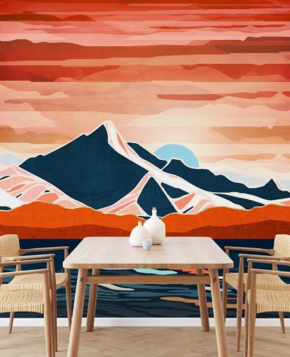 carta da parati murale retrò con tramonto rosso e montagne