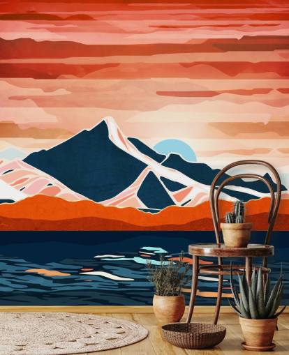 papier peint mural rétro avec coucher de soleil rouge et montagnes